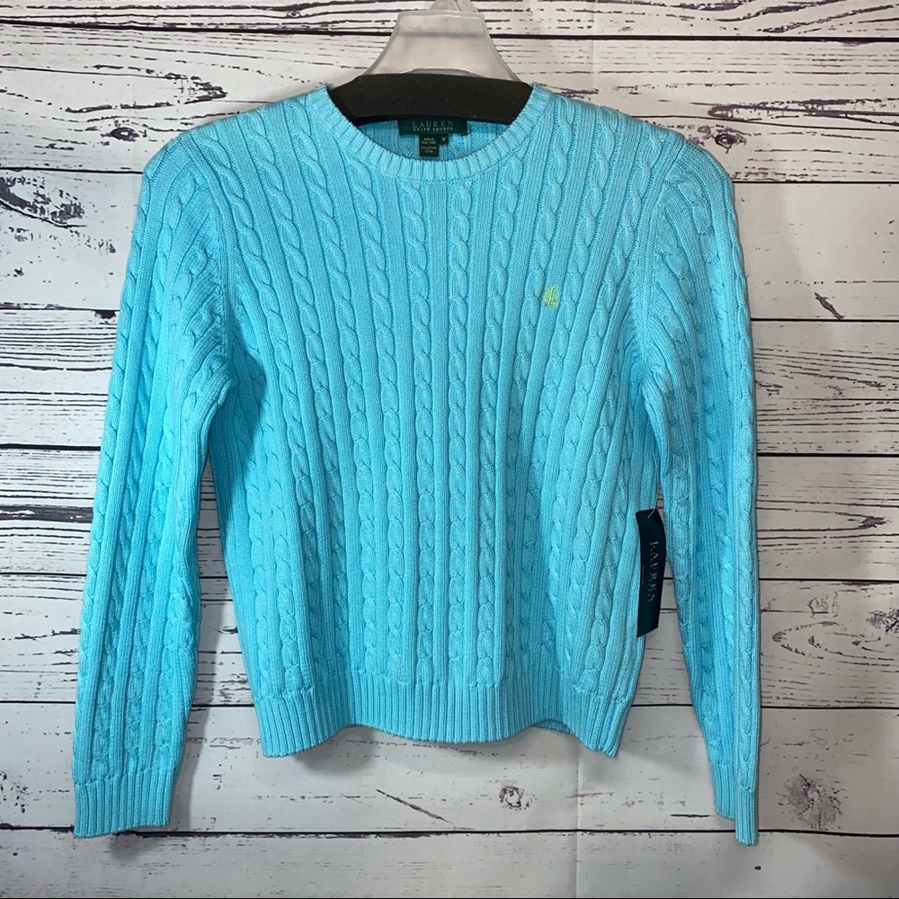 Lauren RALPH LAUREN Womens Aqua Cable-knit Long Sleeve Crew Neck Sweater M NWT